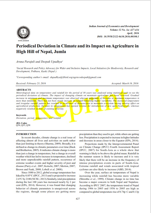 Periodical Deviation in Climate and its Impact on Agriculture in High Hill of Nepal, Jumla