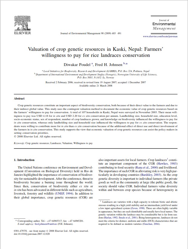 Valuation of crop genetic resources in Kaski, Nepal: Farmers’ willingness to pay for rice landraces conservation