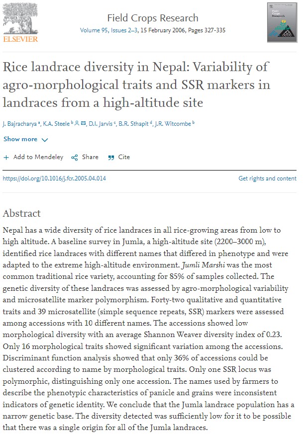 Rice landrace diversity in Nepal: Variability of agro-morphological traits and SSR markers in landraces from a high-altitude site