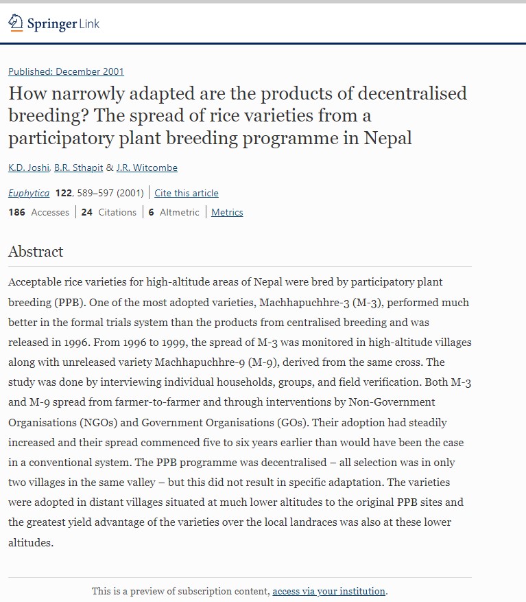 How narrowly adapted are the products of decentralised breeding? The spread of rice varieties from a participatory plant breeding programme in Nepal